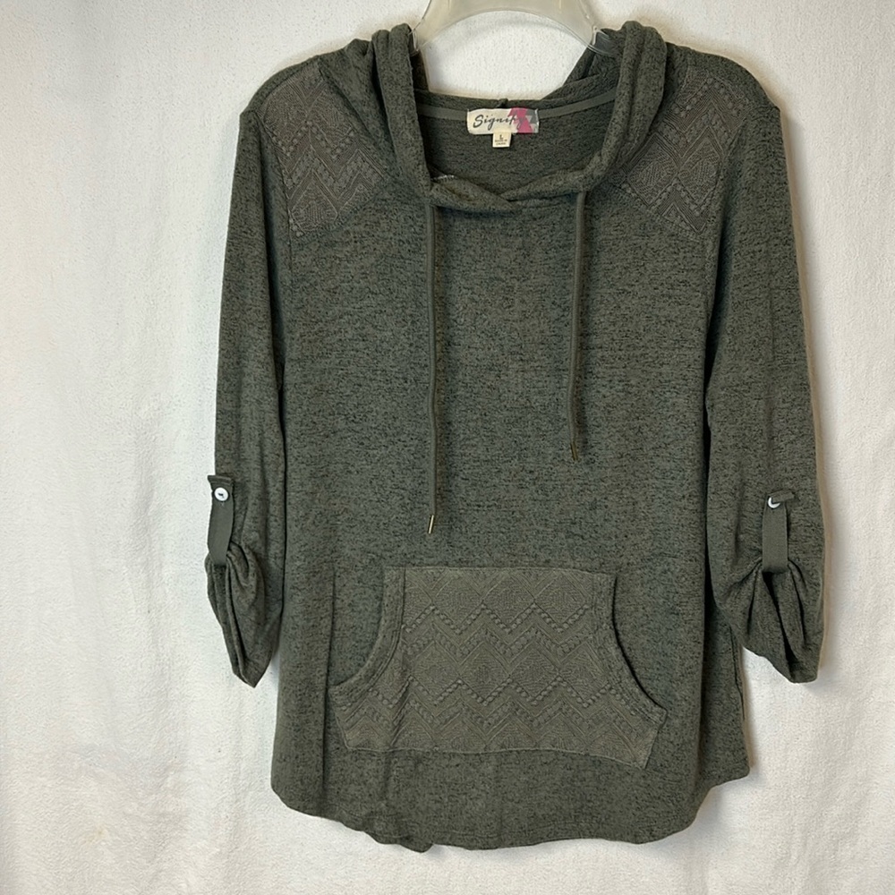 Signify Women’s Sweater With Hood Size L Avocado Green Lace Insets Butter Soft